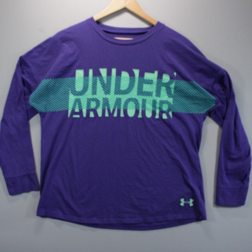 Under Armour HeatGear Purple Teal Graphic Spellout Logo Long Sleeve Shirt YXL